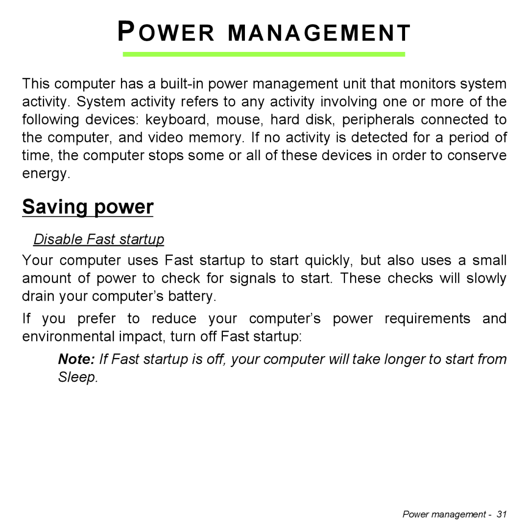 Acer Iconia W3 user manual Power Management, Saving power, Disable Fast startup 