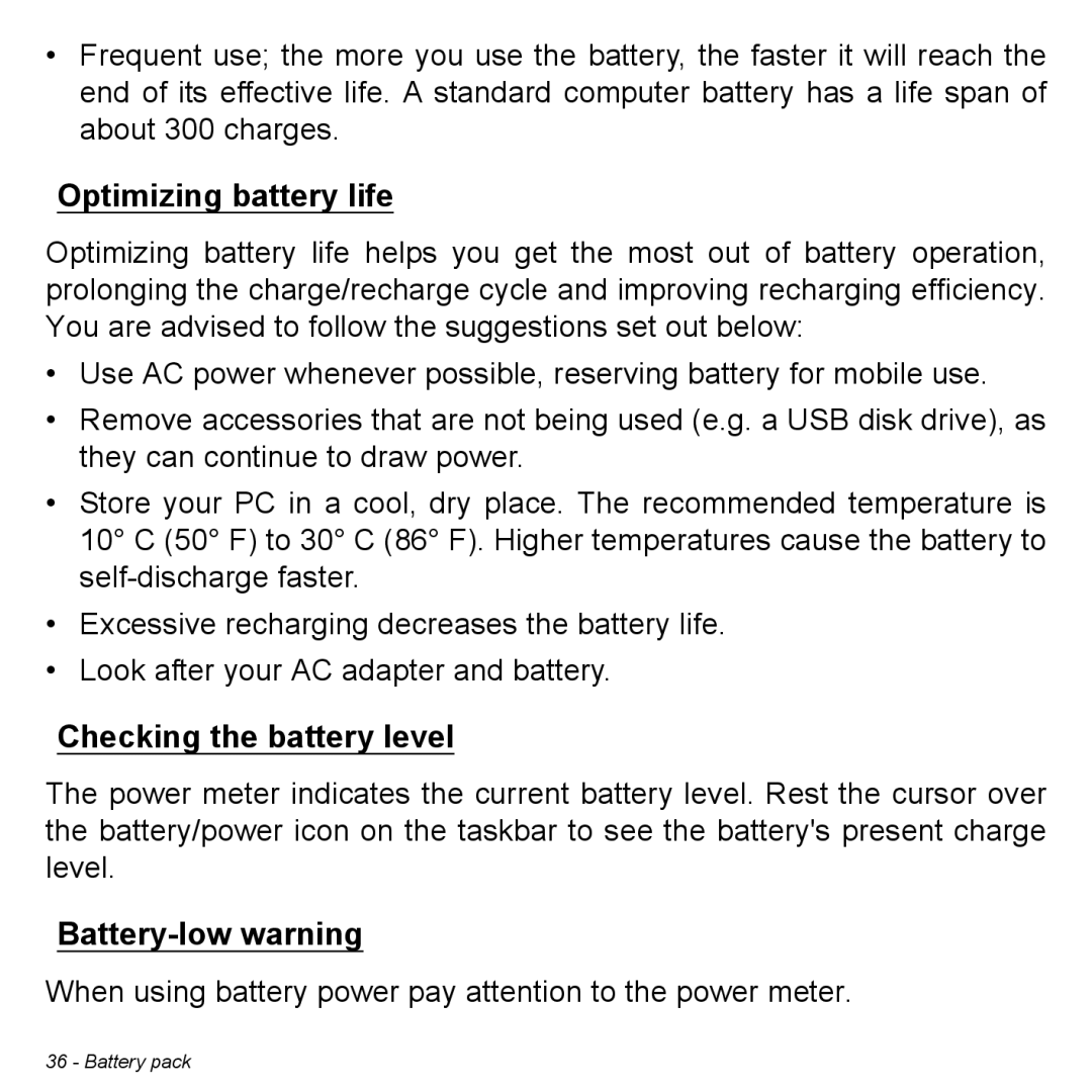 Acer Iconia W3 user manual Optimizing battery life, Checking the battery level, Battery-low warning 