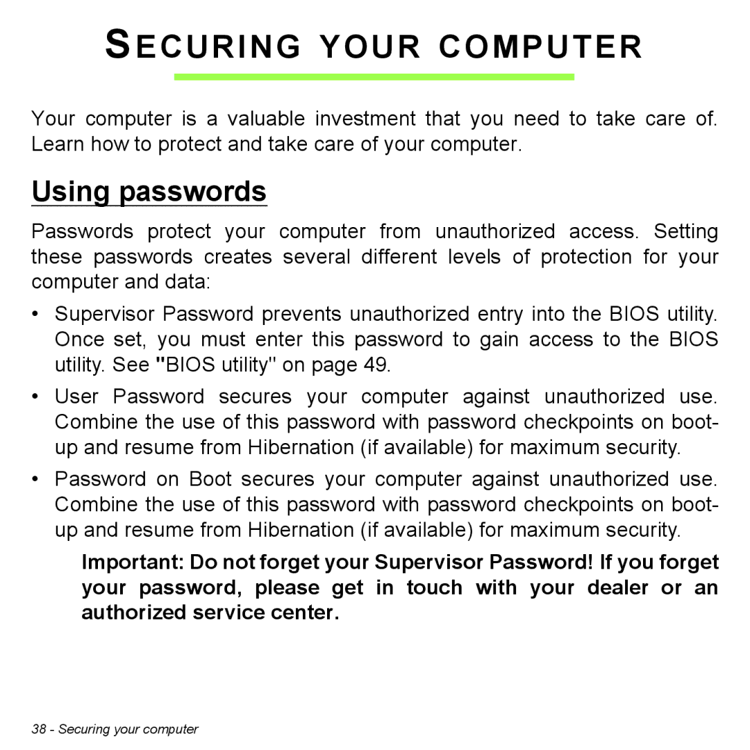 Acer Iconia W3 user manual Securing Your Computer, Using passwords 