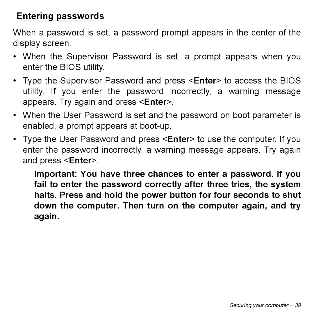 Acer Iconia W3 user manual Entering passwords 