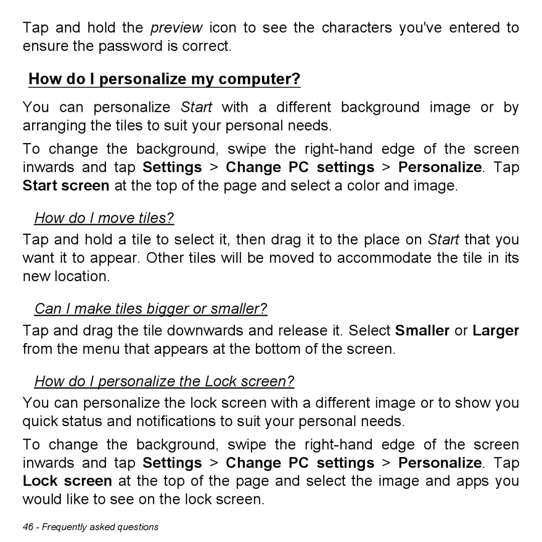 Acer Iconia W3 user manual How do I personalize my computer?, How do I move tiles?, Can I make tiles bigger or smaller? 