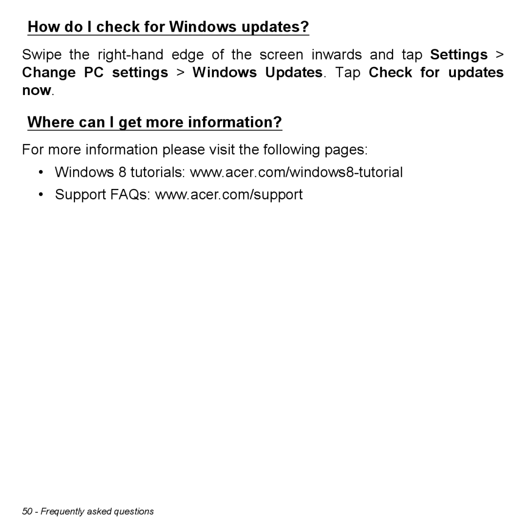 Acer Iconia W3 user manual How do I check for Windows updates?, Where can I get more information? 