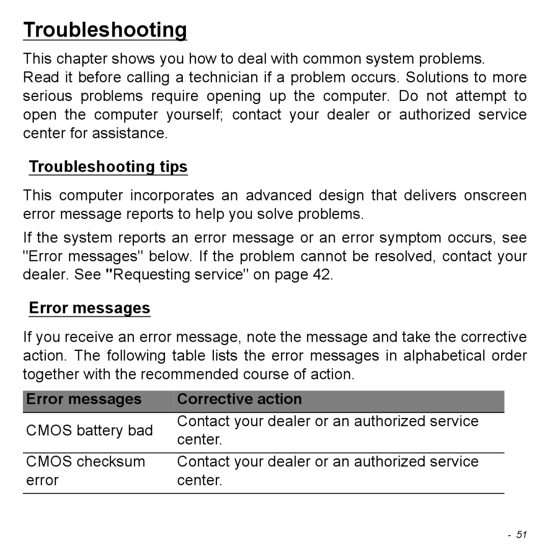 Acer Iconia W3 user manual Troubleshooting tips, Error messages, Corrective action 