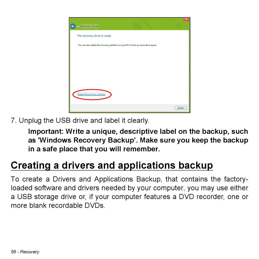 Acer Iconia W3 user manual Creating a drivers and applications backup 