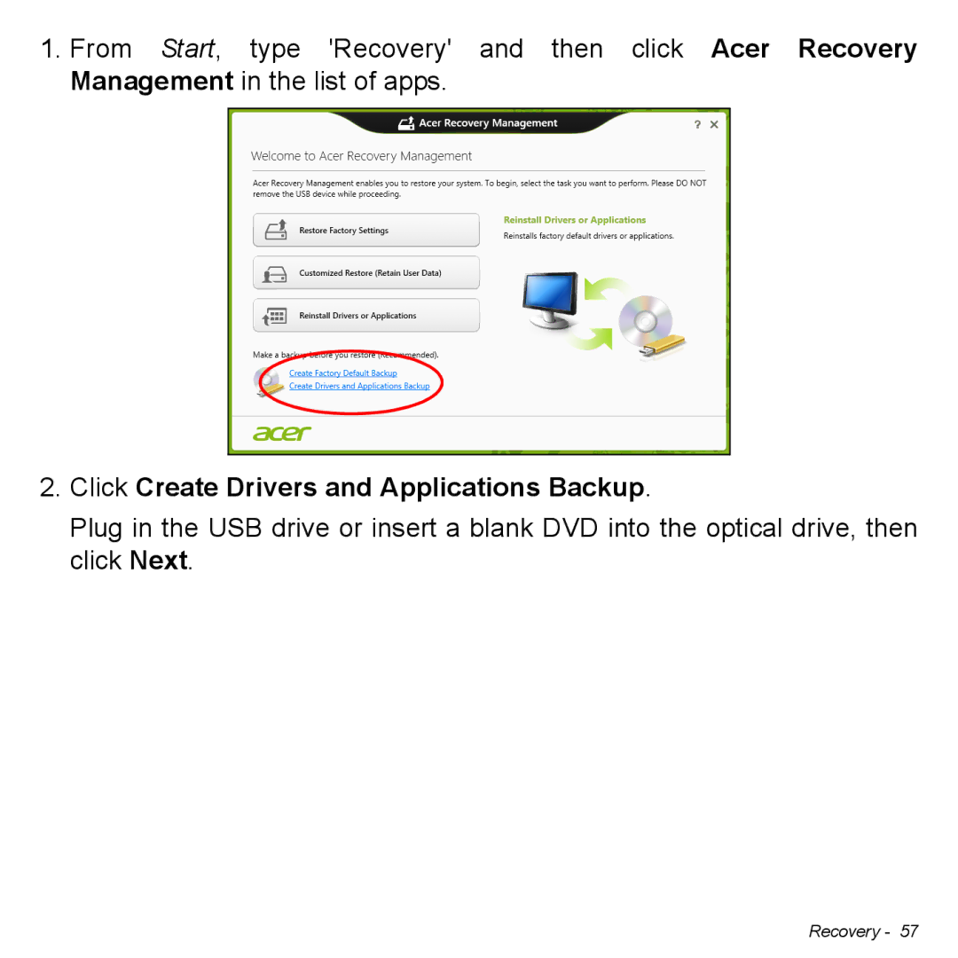 Acer Iconia W3 user manual Click Create Drivers and Applications Backup 