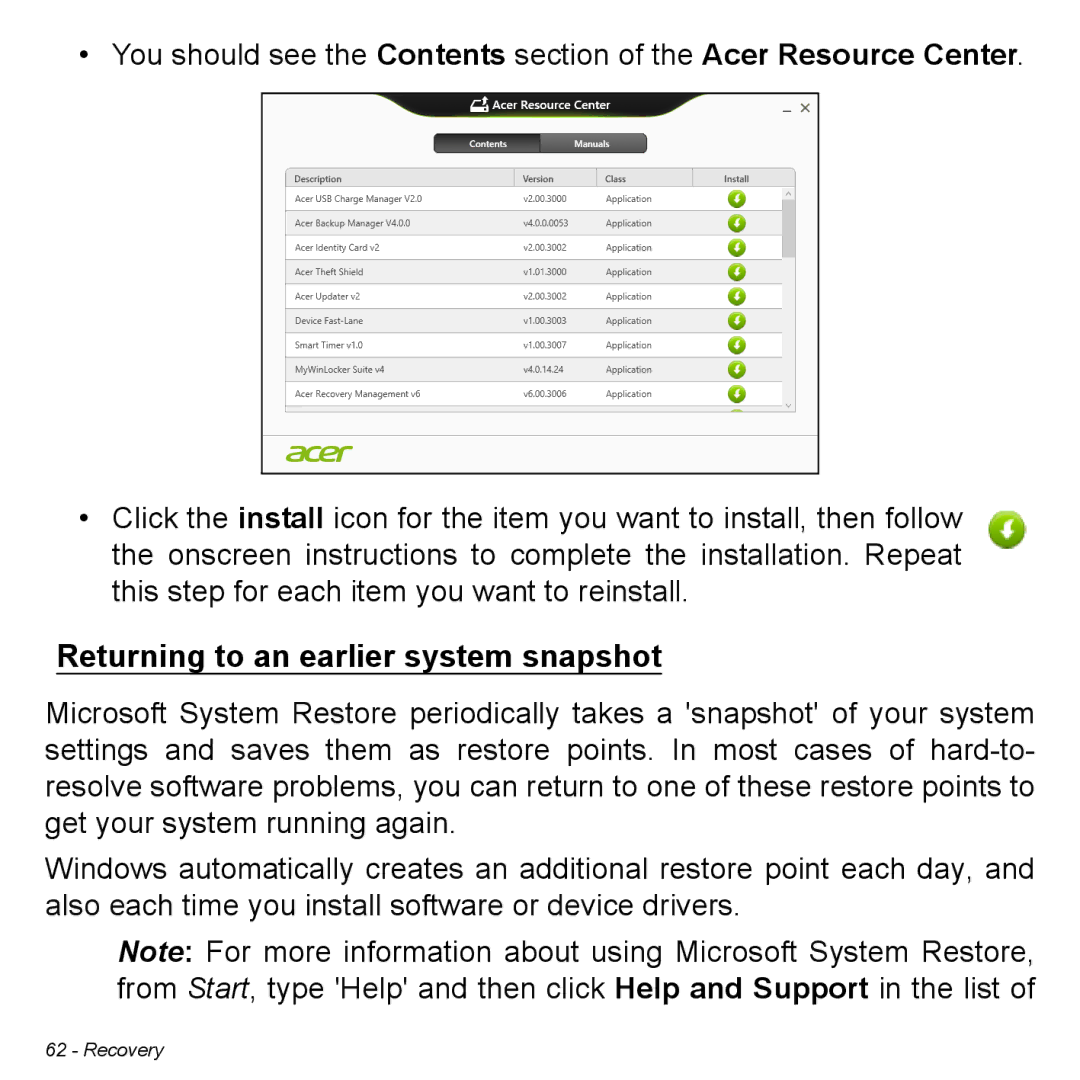 Acer Iconia W3 user manual Returning to an earlier system snapshot 