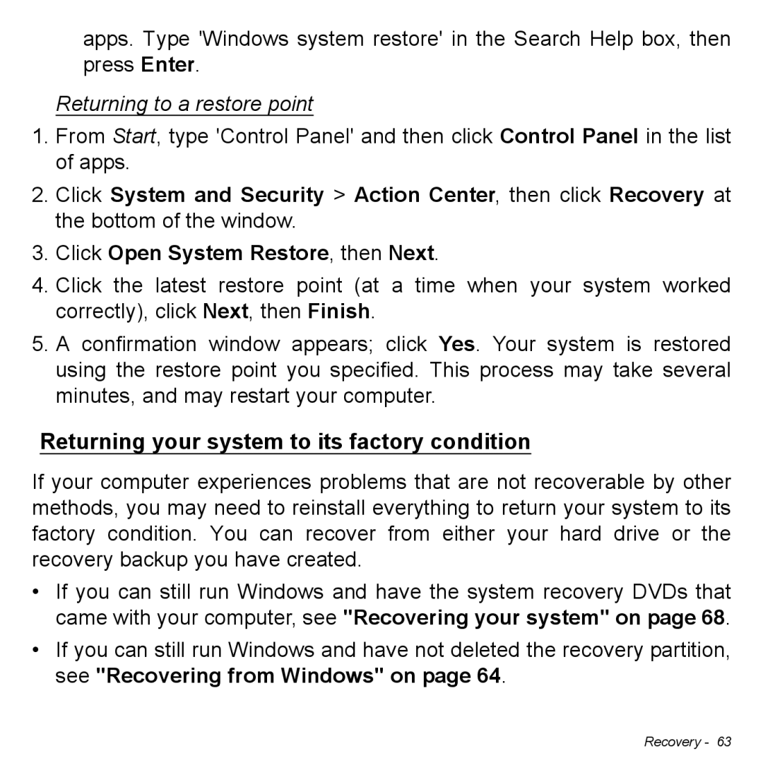 Acer Iconia W3 user manual Returning to a restore point, Returning your system to its factory condition 