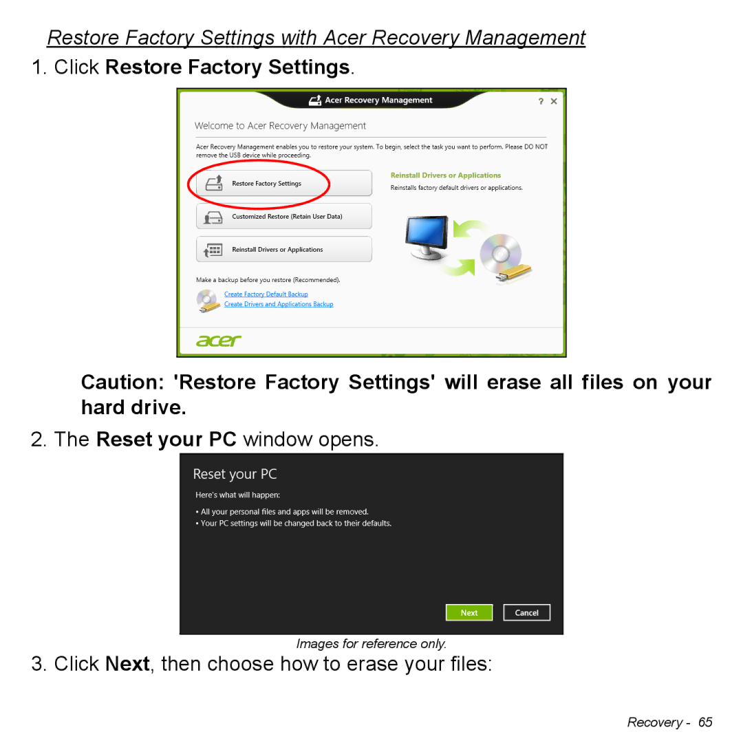 Acer Iconia W3 user manual Restore Factory Settings with Acer Recovery Management, Click Restore Factory Settings 