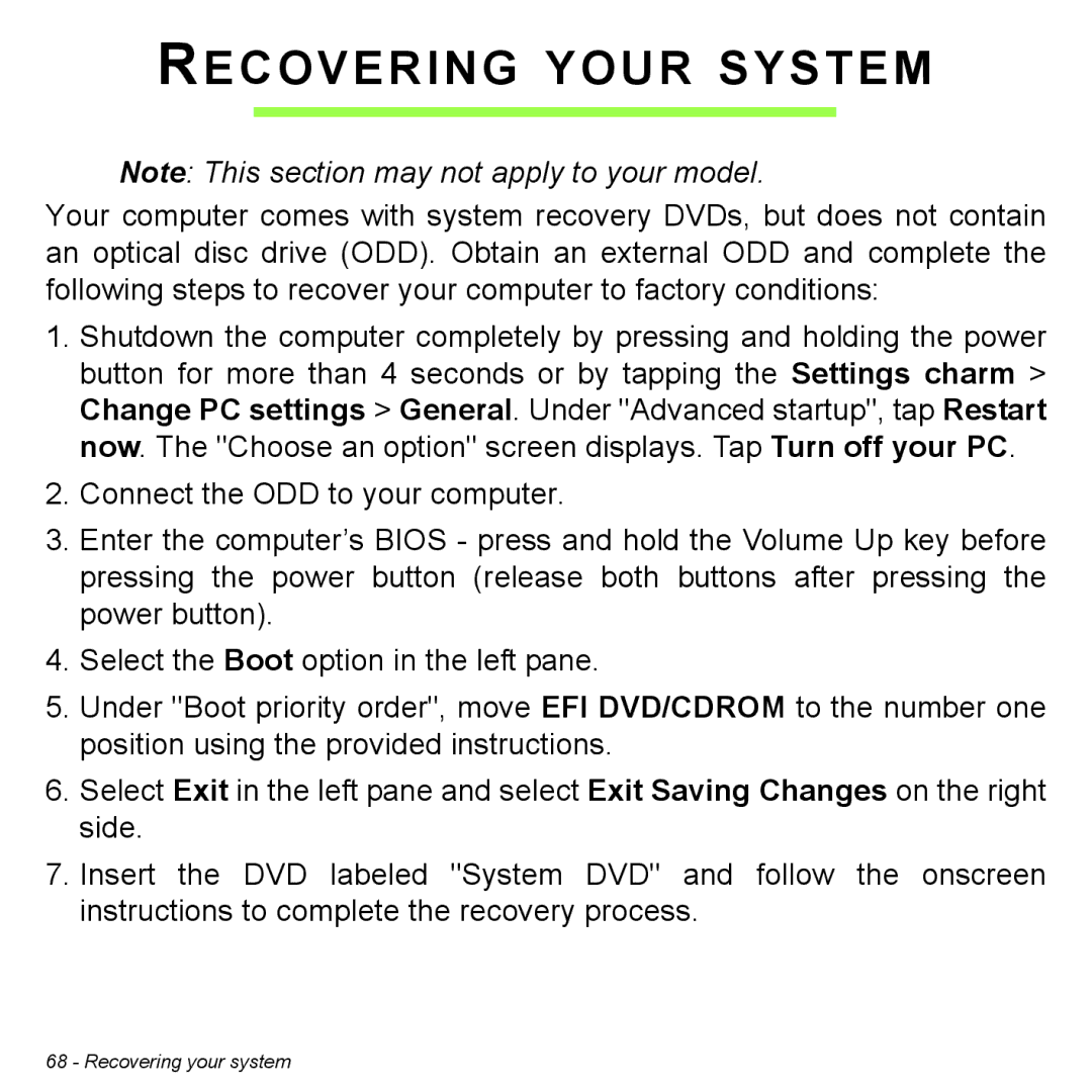 Acer Iconia W3 user manual Recovering Your System 