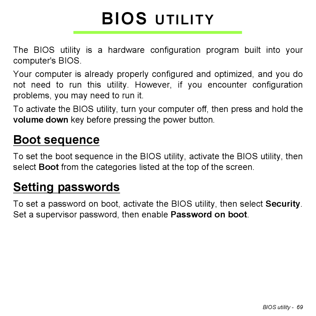 Acer Iconia W3 user manual Bios Utility, Boot sequence, Setting passwords 