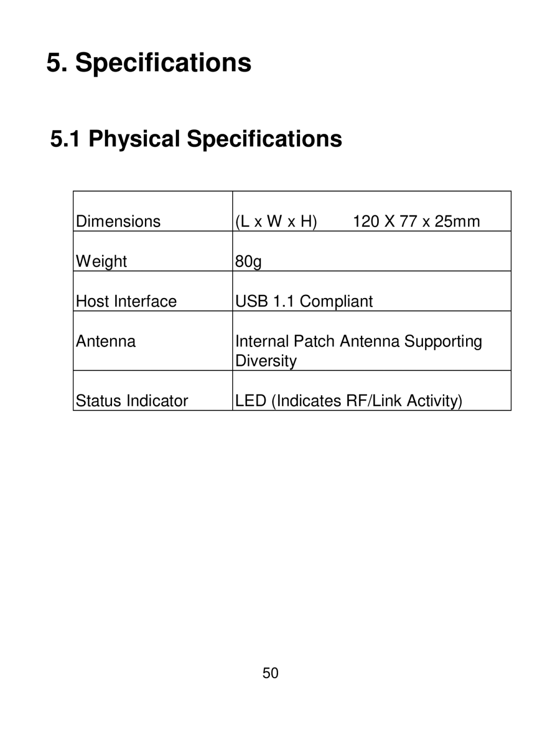 Acer IEEE 802.11b Wireless USB Adapter manual Physical Specifications 