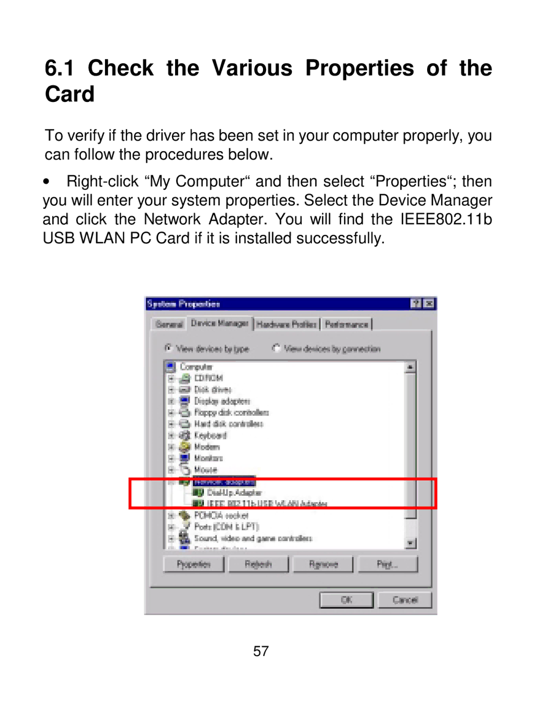 Acer IEEE 802.11b Wireless USB Adapter manual Check the Various Properties of the Card 