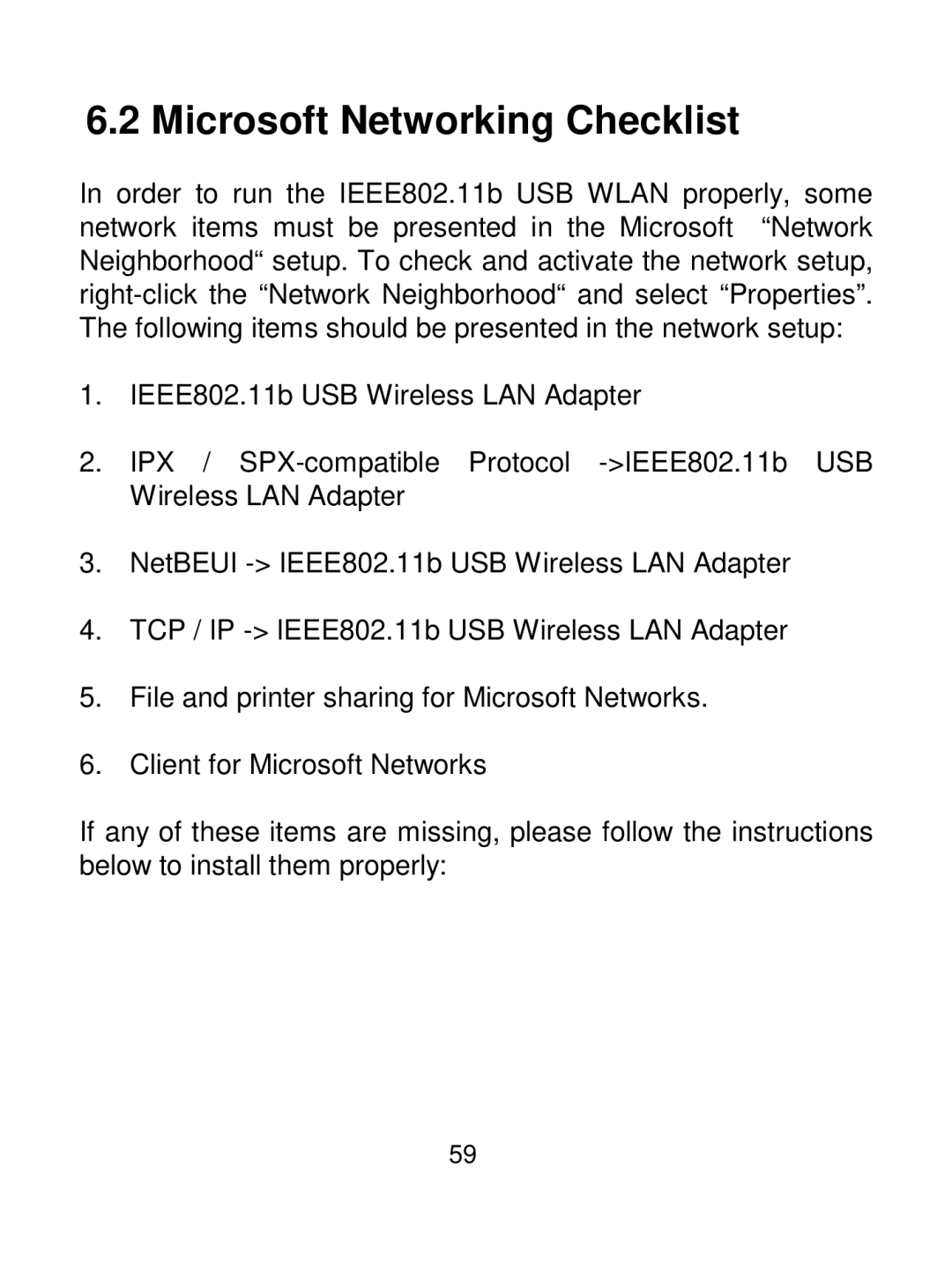 Acer IEEE 802.11b Wireless USB Adapter manual Microsoft Networking Checklist 