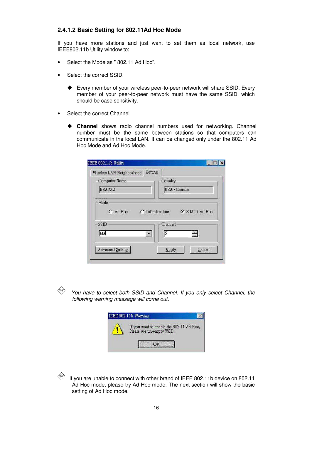 Acer IEEE 802.11b WLAN PC Card manual Basic Setting for 802.11Ad Hoc Mode 