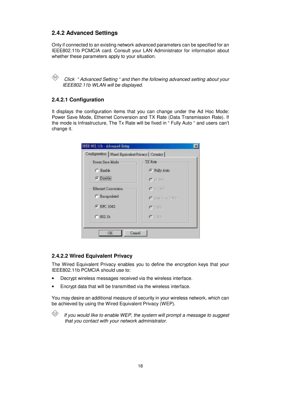 Acer IEEE 802.11b WLAN PC Card manual Advanced Settings, Configuration, Wired Equivalent Privacy 