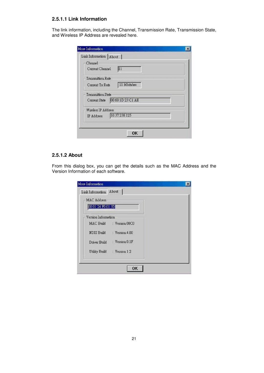 Acer IEEE 802.11b WLAN PC Card manual Link Information, About 