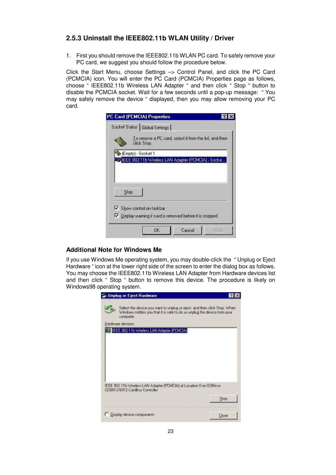 Acer IEEE 802.11b WLAN PC Card manual Uninstall the IEEE802.11b Wlan Utility / Driver, Additional Note for Windows Me 
