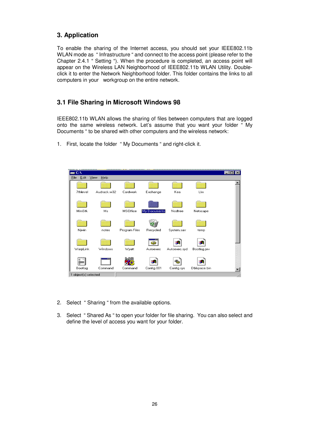 Acer IEEE 802.11b WLAN PC Card manual Application, File Sharing in Microsoft Windows 