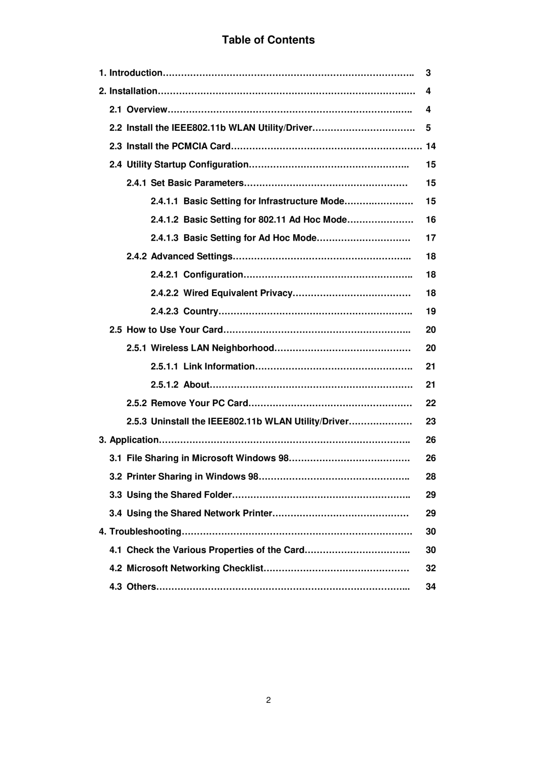 Acer IEEE 802.11b WLAN PC Card manual Table of Contents 