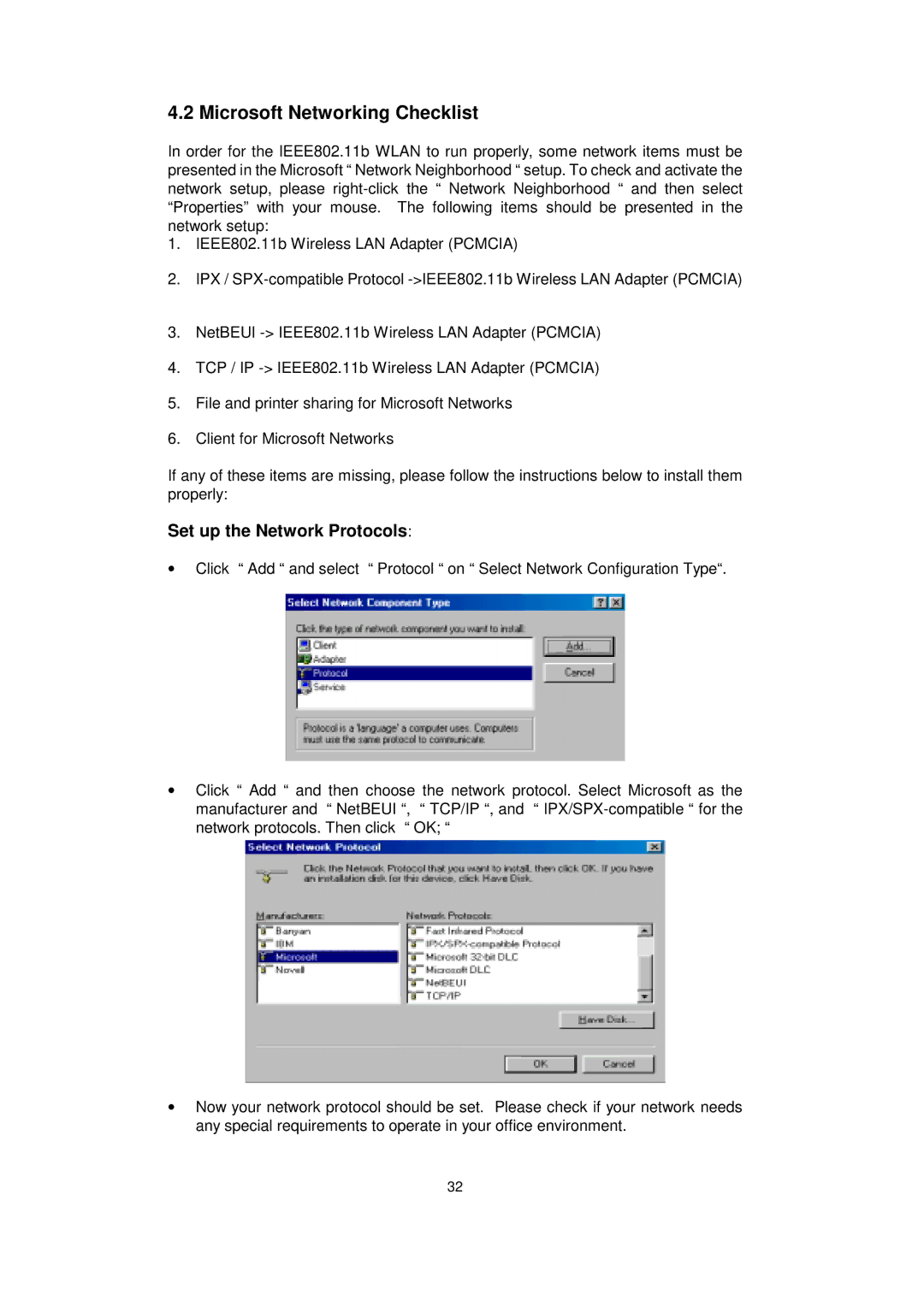 Acer IEEE 802.11b WLAN PC Card manual Microsoft Networking Checklist, Set up the Network Protocols 