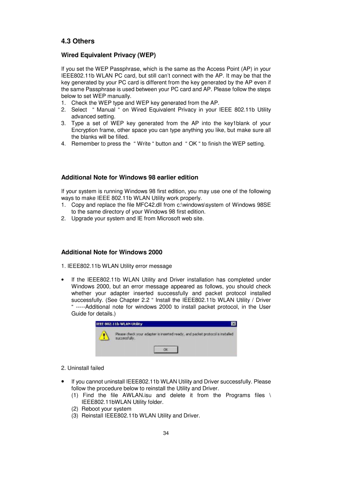 Acer IEEE 802.11b WLAN PC Card manual Others, Wired Equivalent Privacy WEP, Additional Note for Windows 98 earlier edition 