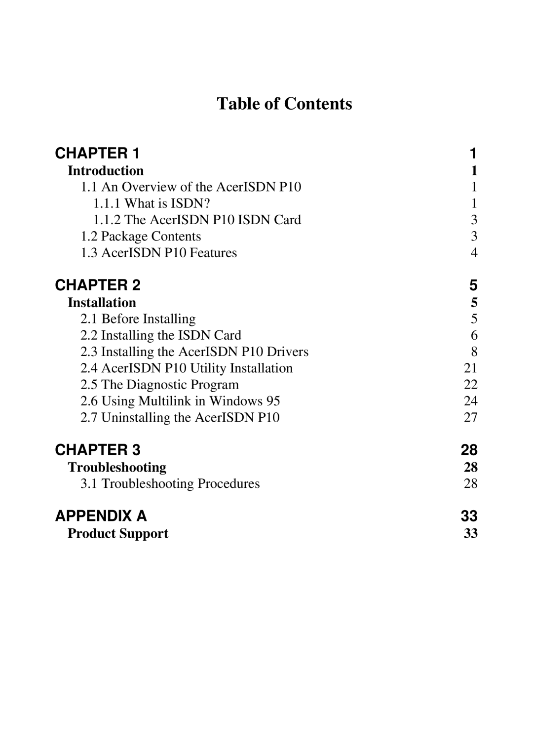 Acer ISDN P10 manual Table of Contents 