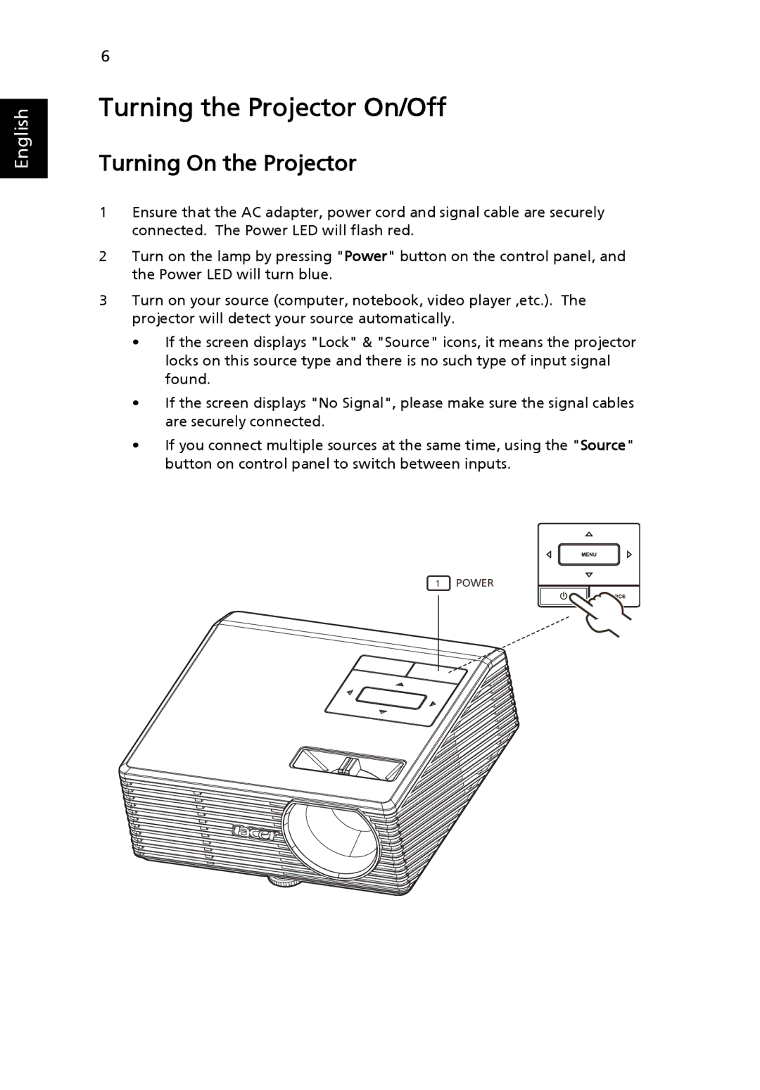 Acer K10 manual Turning the Projector On/Off, Turning On the Projector 