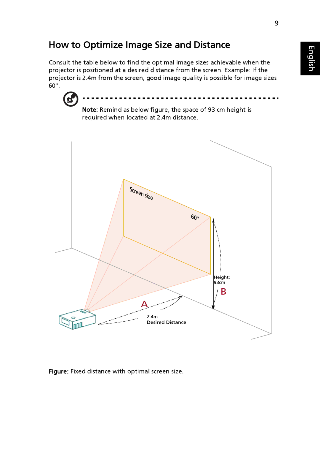 Acer K10 manual How to Optimize Image Size and Distance, Figure Fixed distance with optimal screen size 