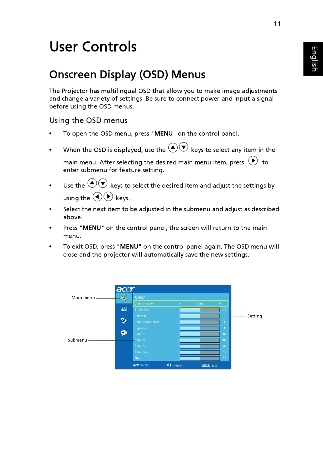 Acer K10 manual Onscreen Display OSD Menus, Using the OSD menus 