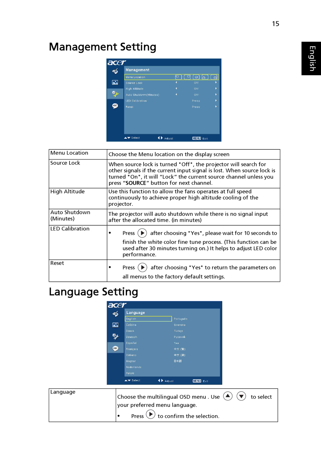 Acer K10 manual Management Setting, Language Setting 