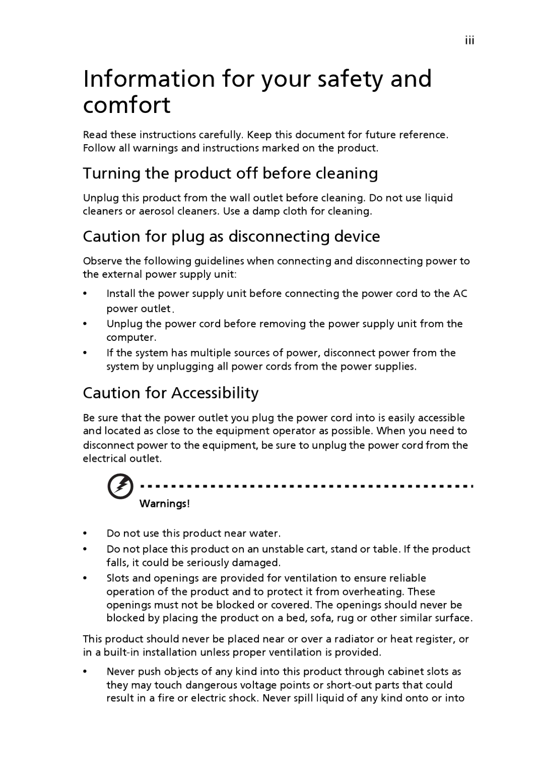 Acer K10 manual Information for your safety and comfort, Turning the product off before cleaning 