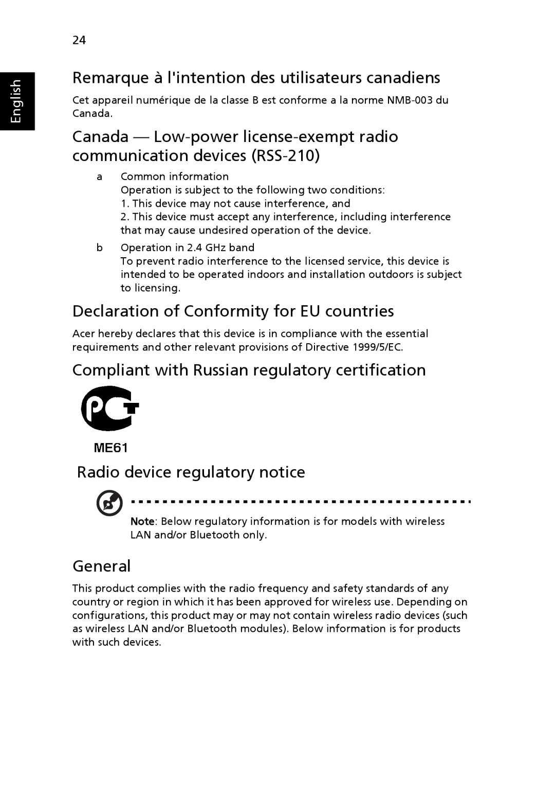 Acer K10 manual Remarque à lintention des utilisateurs canadiens, Declaration of Conformity for EU countries 