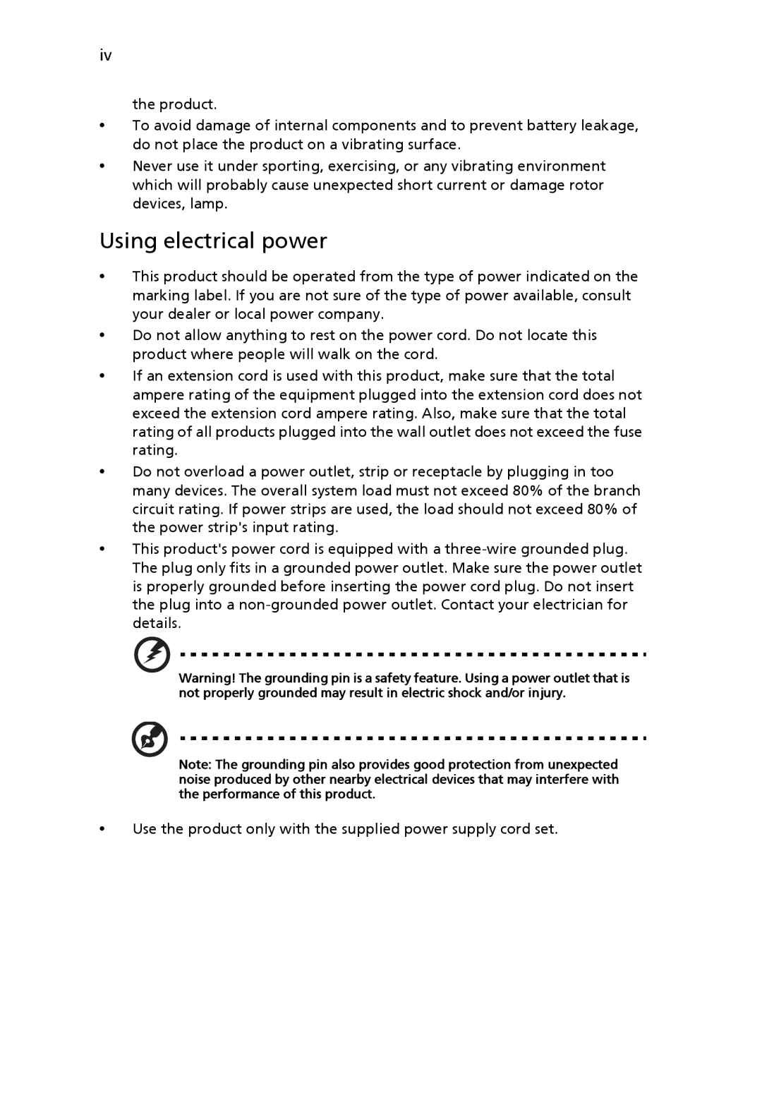 Acer K10 manual Using electrical power 