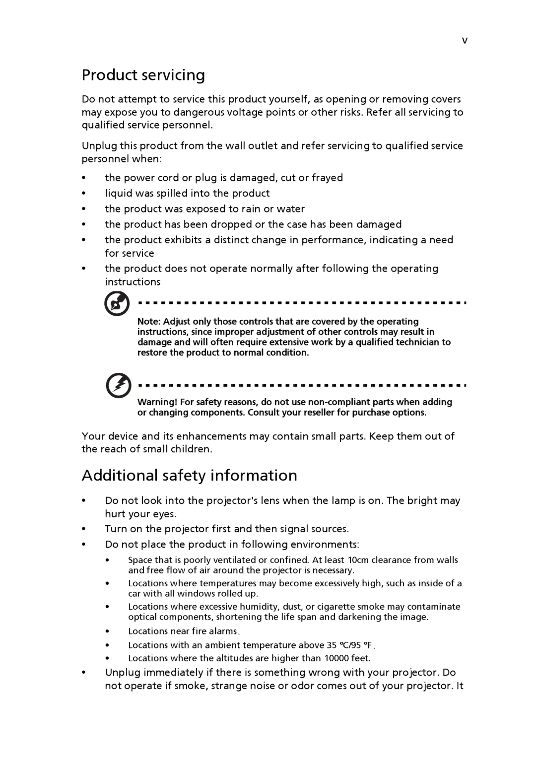 Acer K10 manual Product servicing, Additional safety information 