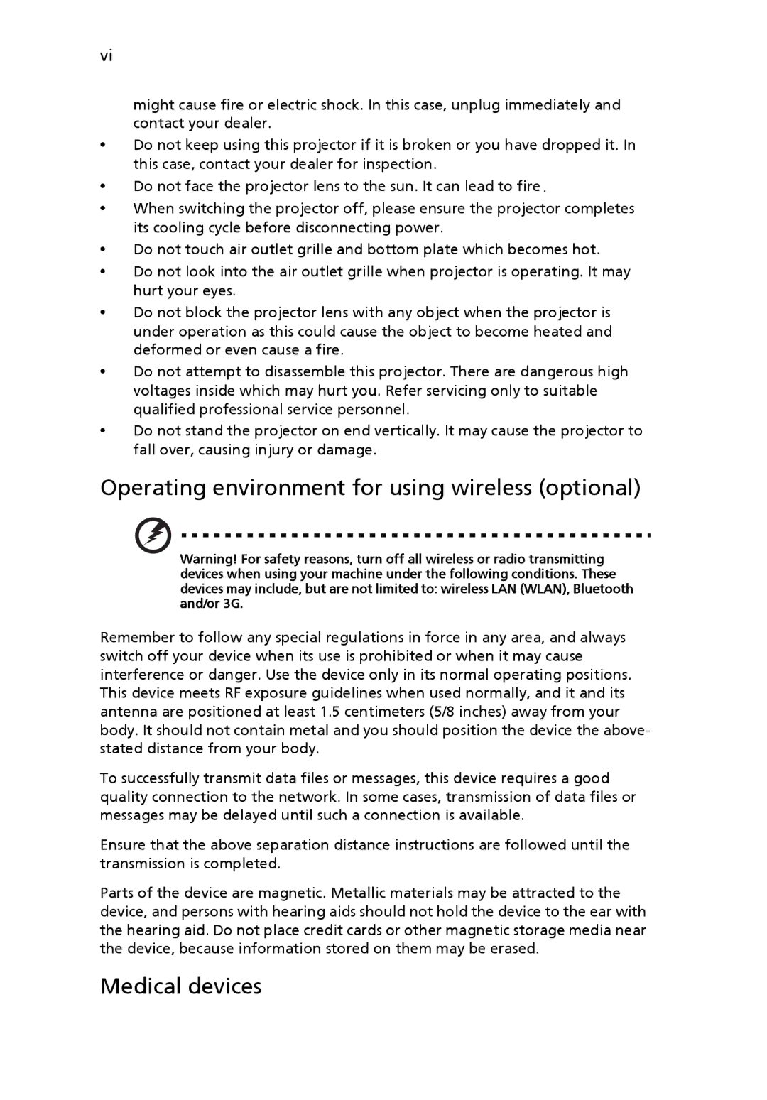 Acer K10 manual Operating environment for using wireless optional, Medical devices 