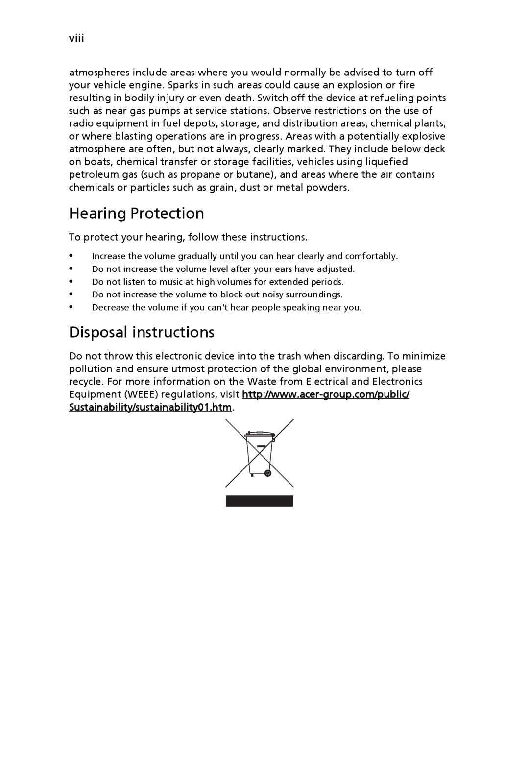 Acer K10 manual Hearing Protection, Disposal instructions 