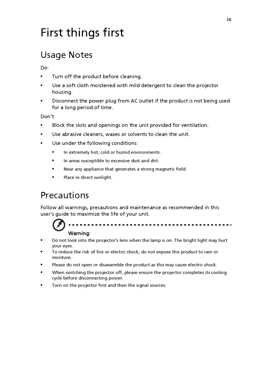 Acer K10 manual Usage Notes, Precautions 