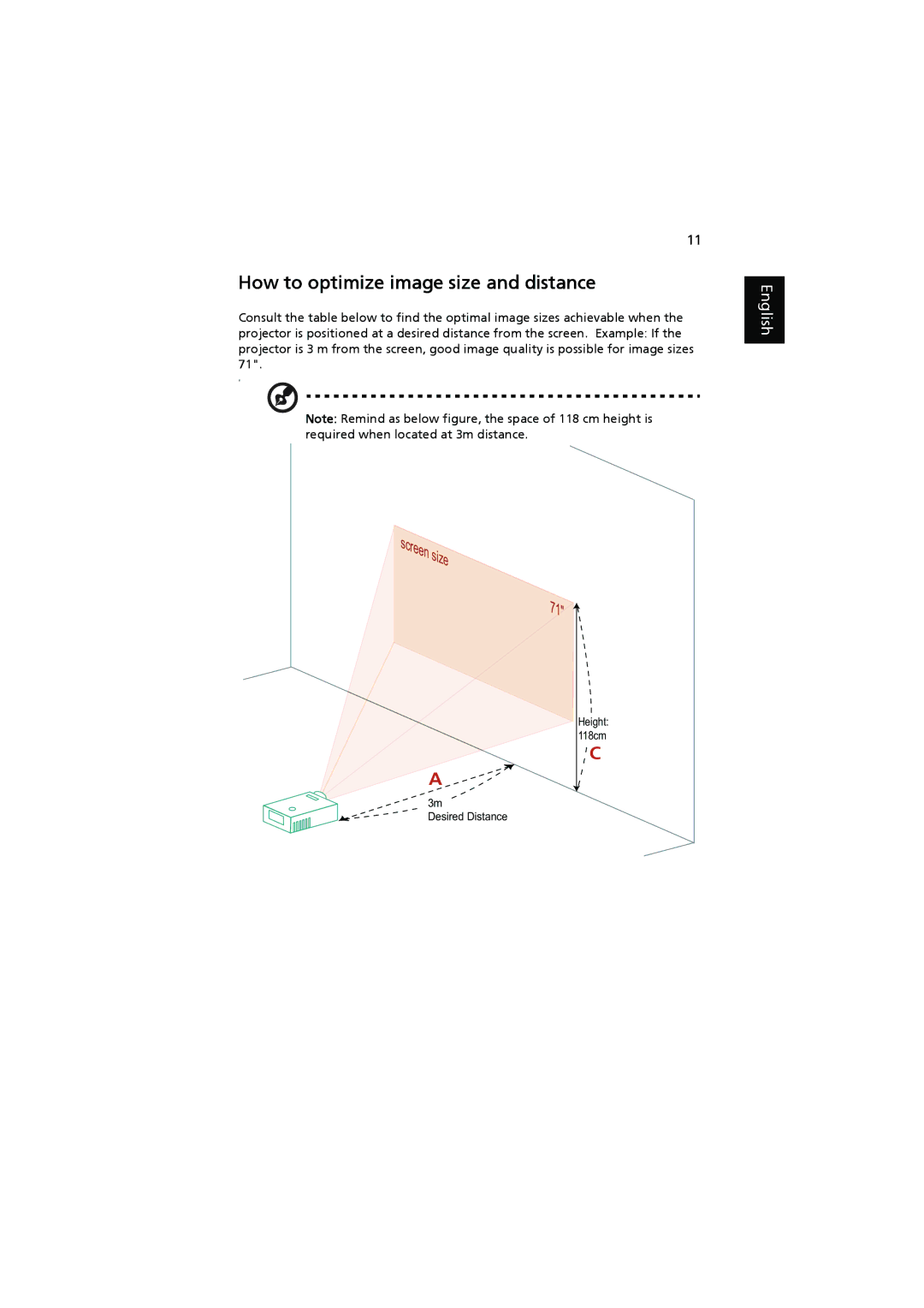 Acer K11 manual Size, How to optimize image size and distance 