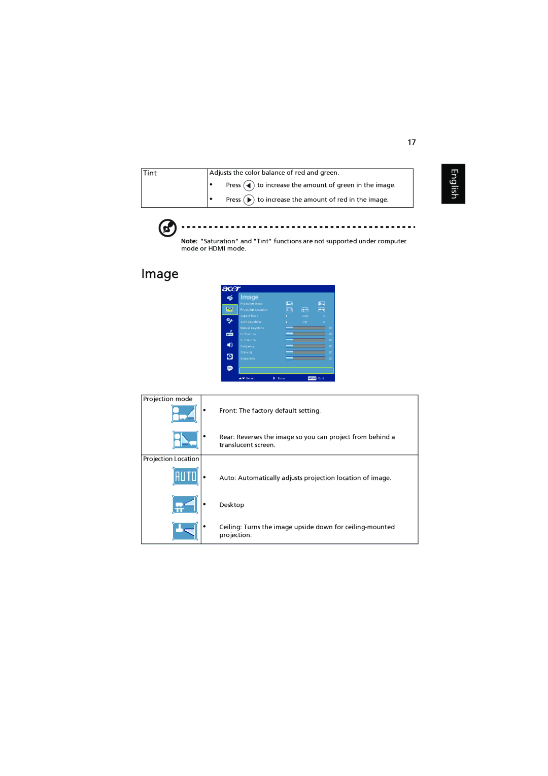 Acer K11 manual Image, Tint 