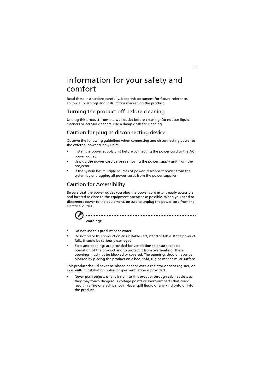 Acer K11 manual Information for your safety and comfort, Turning the product off before cleaning 