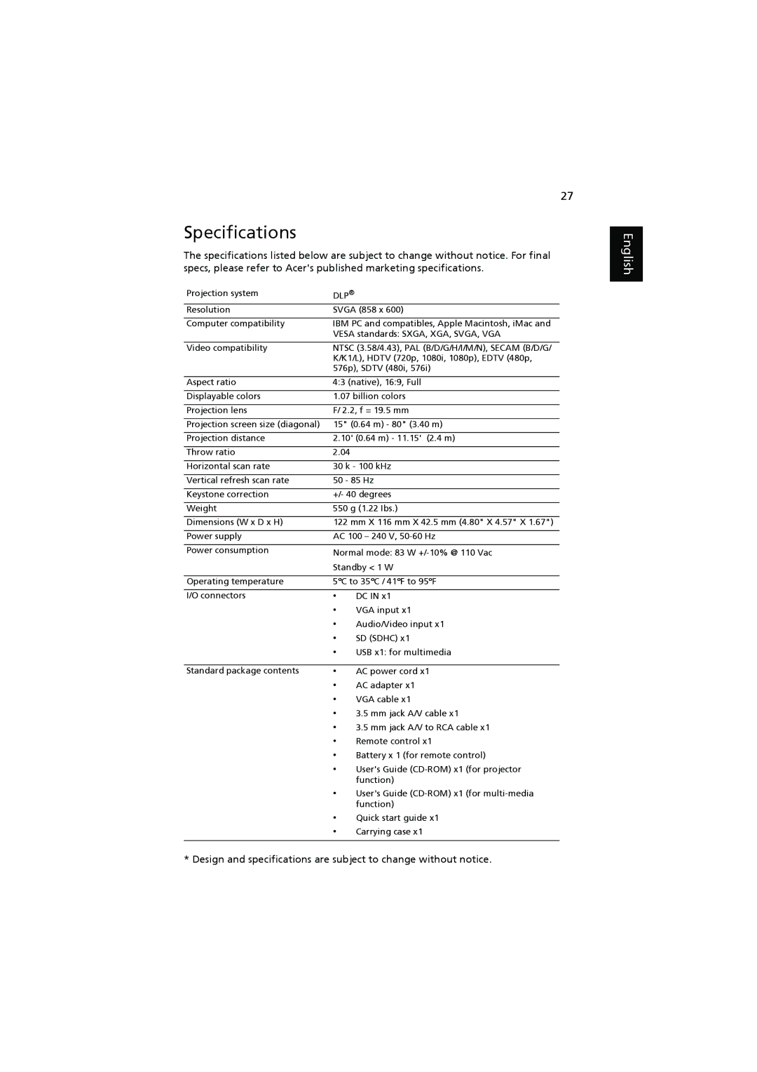 Acer K11 manual Specifications, Dlp 