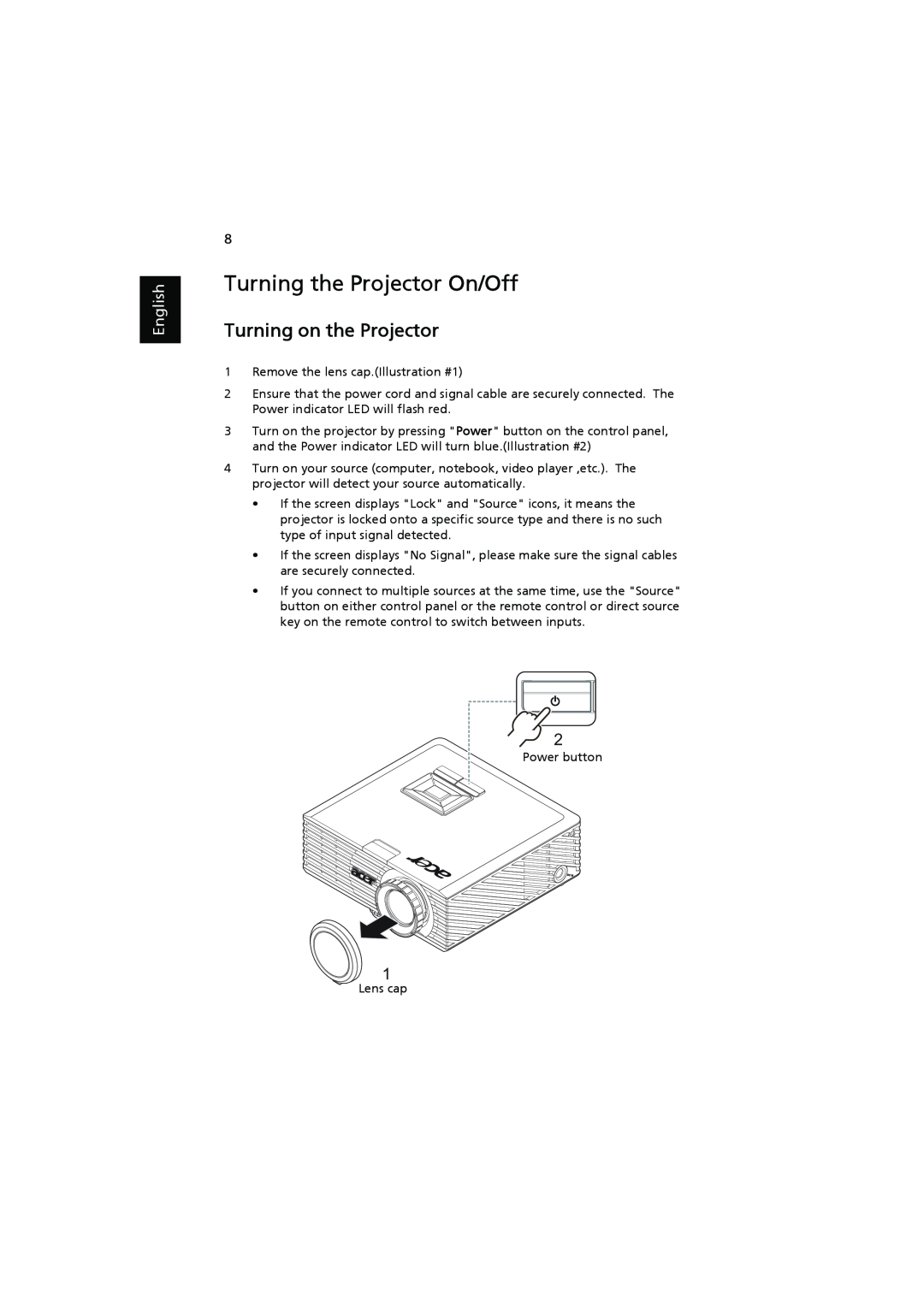 Acer K11 manual Turning the Projector On/Off, Turning on the Projector, English 