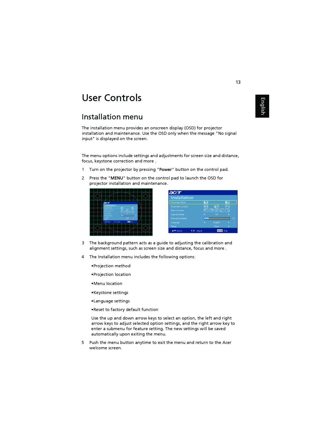 Acer K11 manual User Controls, Installation menu, English 