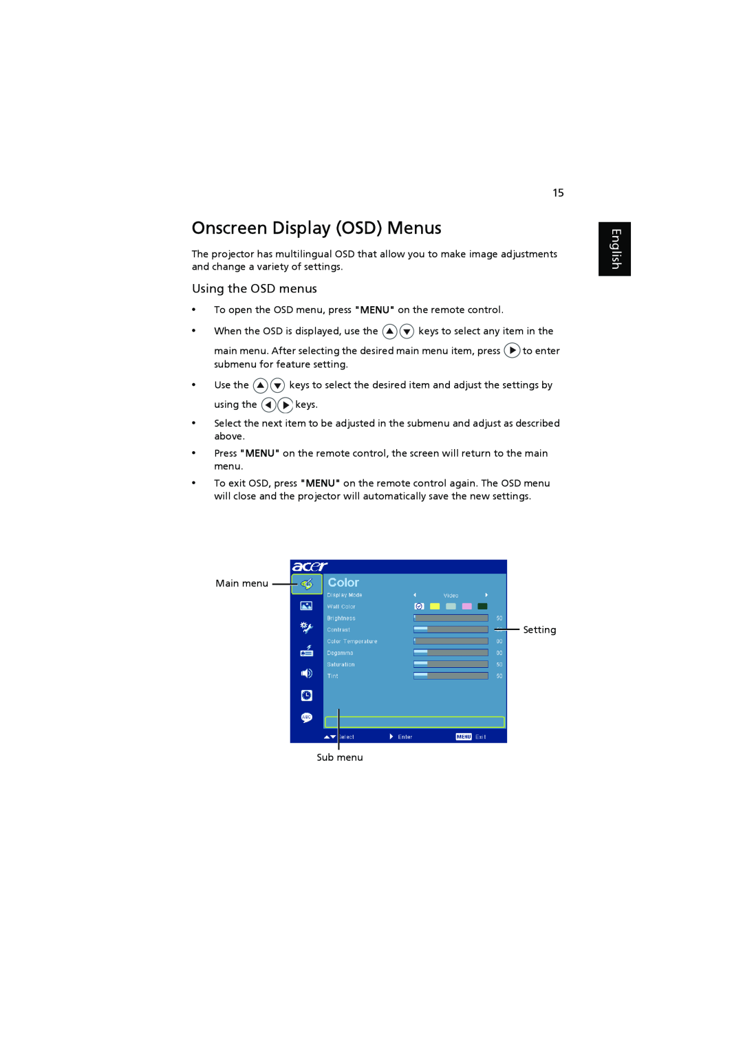 Acer K11 manual Onscreen Display OSD Menus, Using the OSD menus, English 