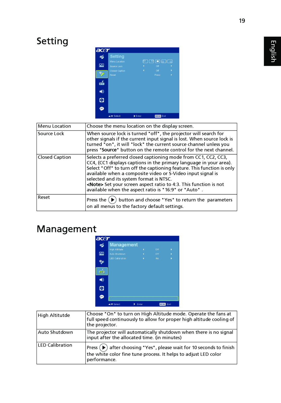 Acer K11 manual Setting, Management, English 