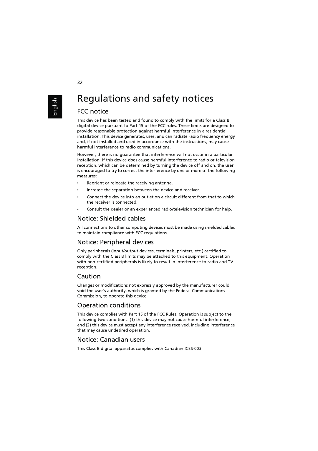Acer K11 manual Regulations and safety notices, FCC notice, Notice Shielded cables, Notice Peripheral devices, English 