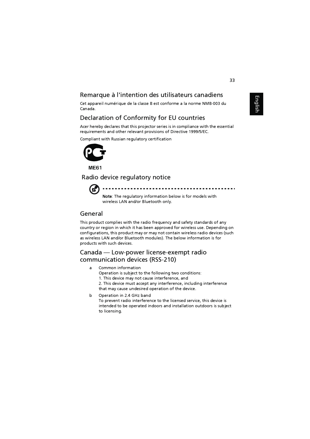 Acer K11 Remarque à lintention des utilisateurs canadiens, Declaration of Conformity for EU countries, General, English 