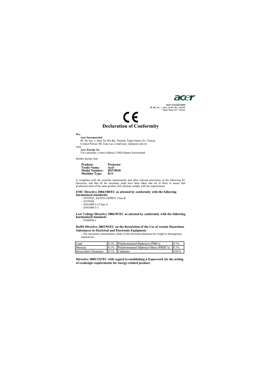 Acer K11 manual Declaration of Conformity 