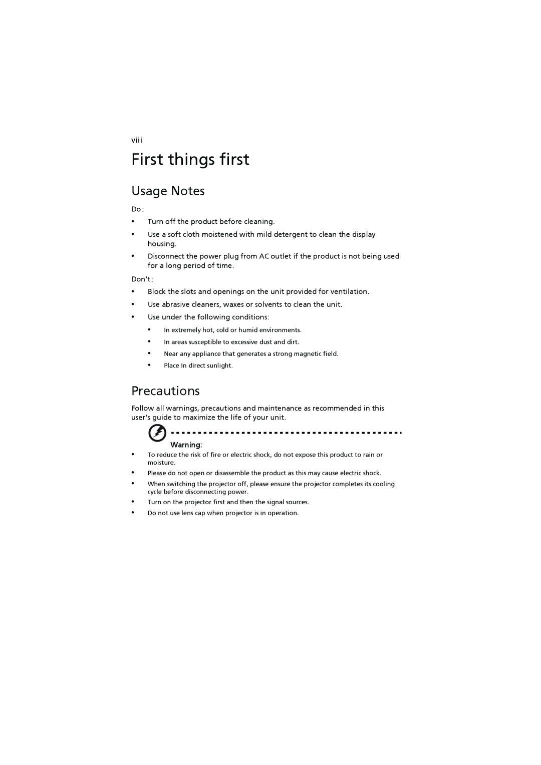 Acer K11 manual First things first, Usage Notes, Precautions 