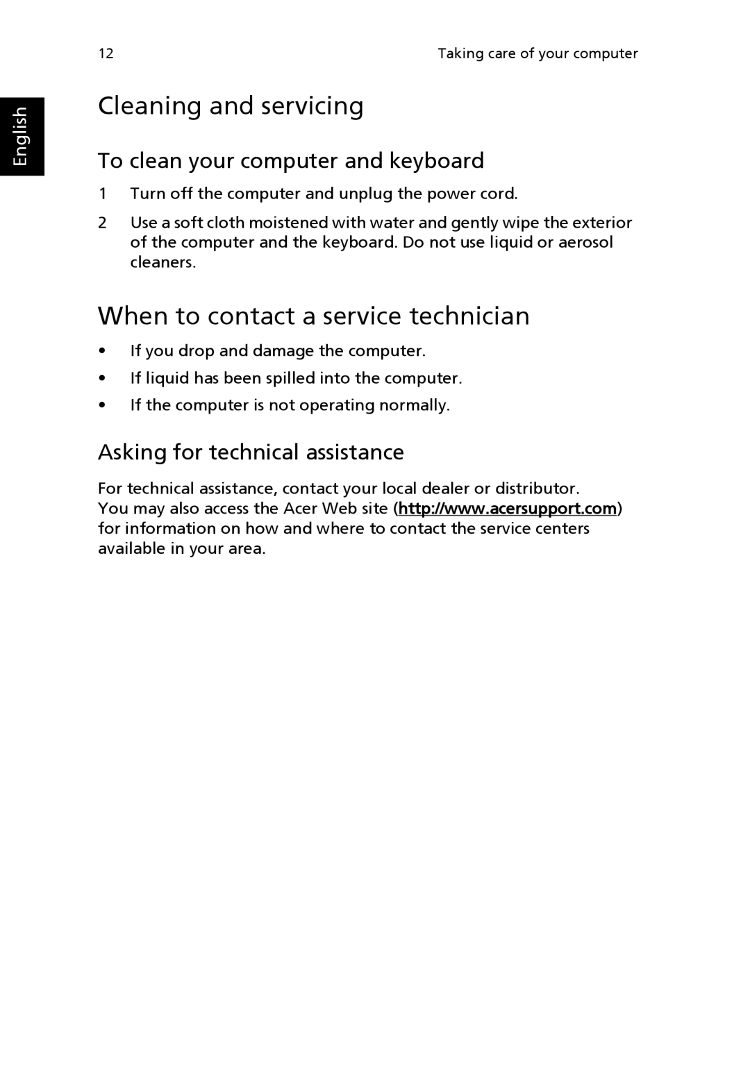 Acer L series manual Cleaning and servicing, When to contact a service technician, To clean your computer and keyboard 